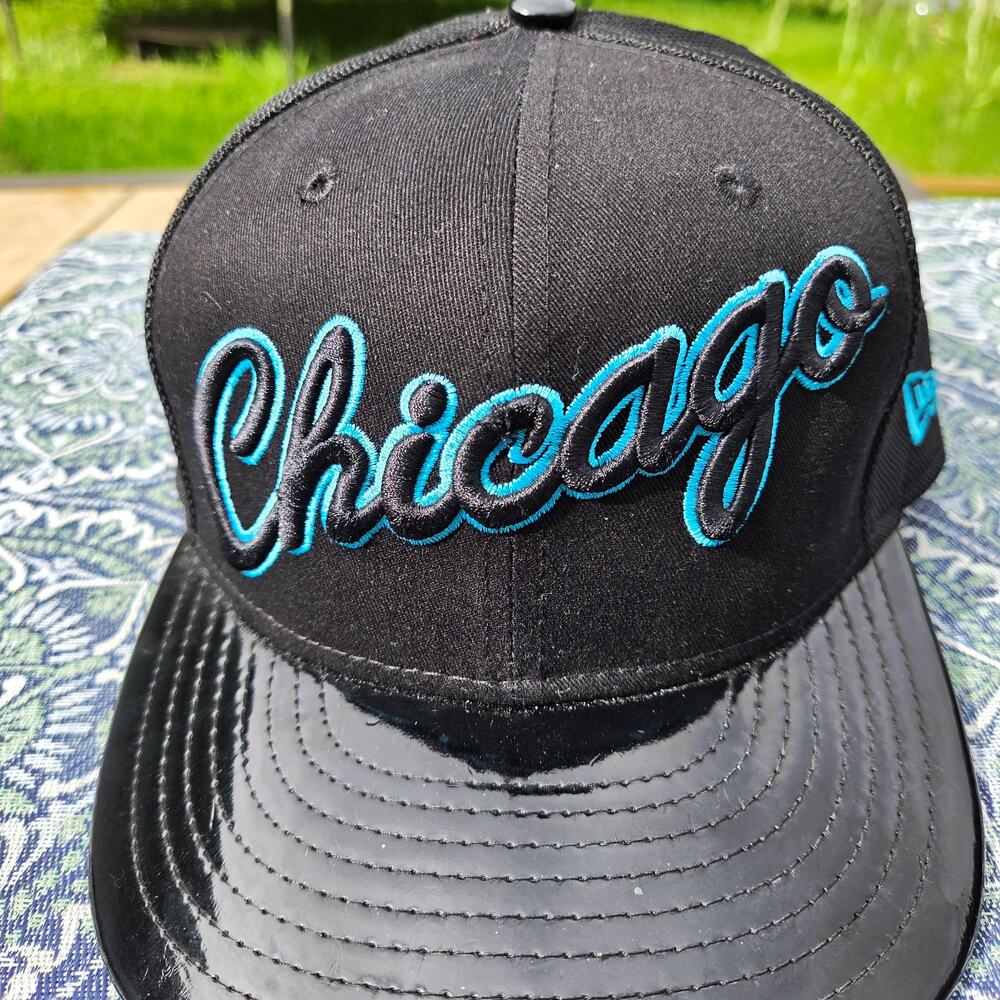 New Era Chicago 9FIFTY Hat Black Patent Leather Brim Turquoise Script Strapback